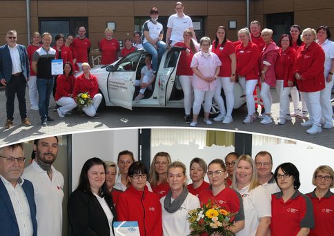 Zwei Fotos: auf dem Oberen stehen viele Menschen mit roter Oberbekleidung um ein Auto mit geöffneten Türen, eine Person hält einen Blumenstrauß, eine andere eine Urkunde in den Händen. Auf dem zweiten Foto sind mehrere Personen in einem Gebäude aufgereiht und halten Blumen sowie Urkunde in den Händen.