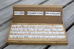 Ein Kasten mit Buchstaben des Alphabets auf Würfeln, im Deckel des Kasten sind mit Dden Würfeln die Wörter Wissen, Kompetenz und Erfahrung gelegt