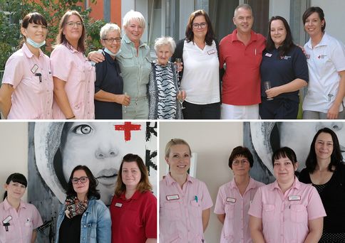 Drei Fotos: auf dem oberen Foto sind mehrer Personen mit pasenden Poloshirts, in der Mitte steht eine Seniorin. Mitarbeiterinnen sind auf den anderen Fotos.